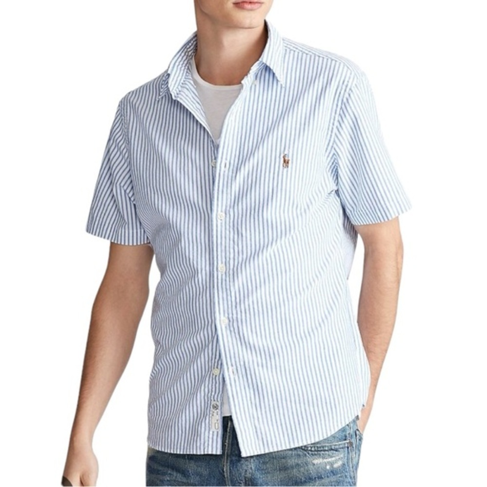 Ralph Lauren Blake Blue & White Short Sleeve Button Down Shirt Size XL Cotton